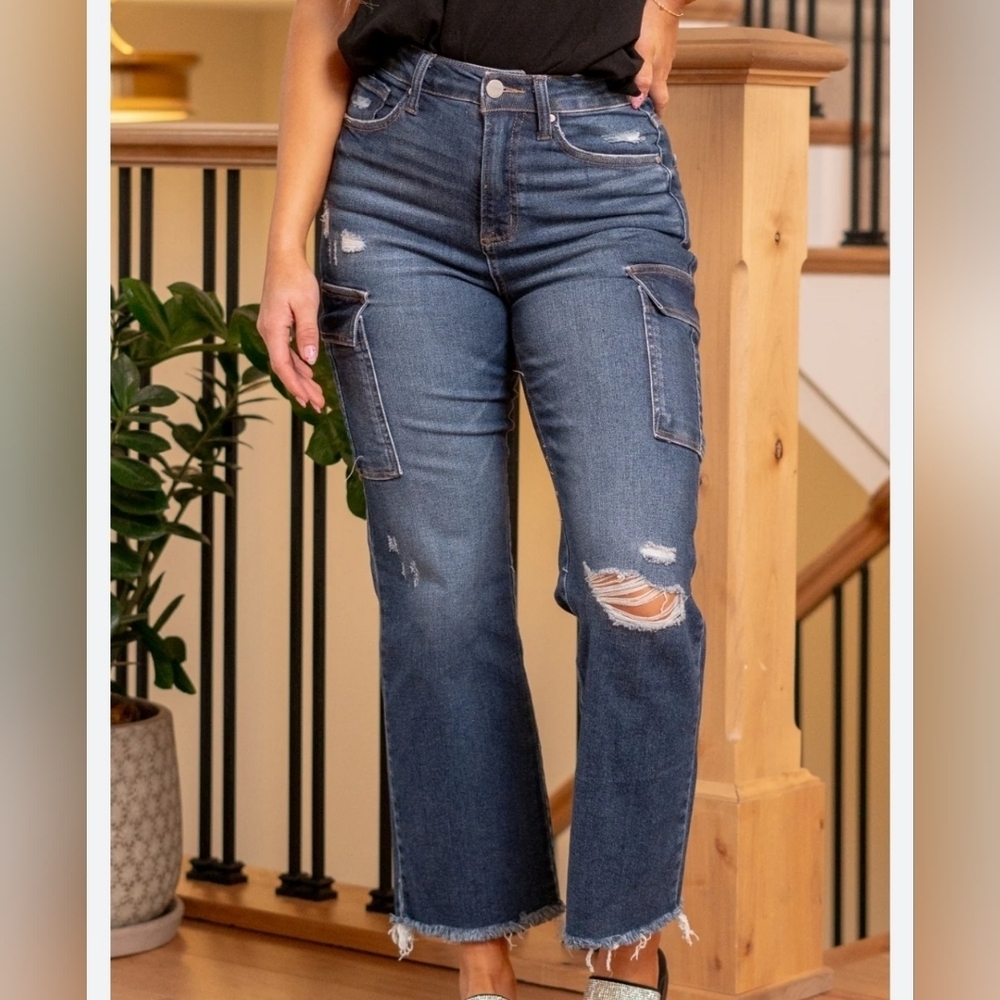 Women's Dark Blue Distressed Wide Leg Jeans
